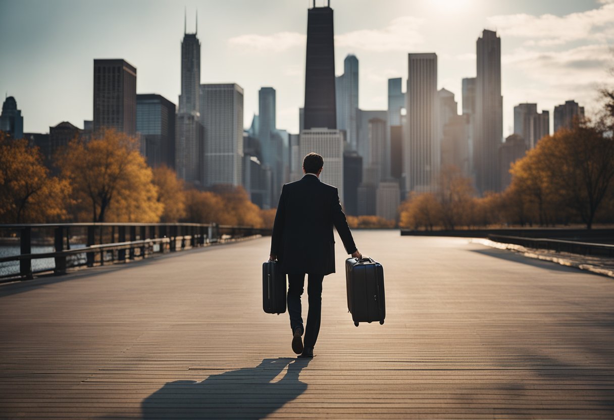 Kevin walks away from the Chicago skyline, carrying a suitcase and looking somber