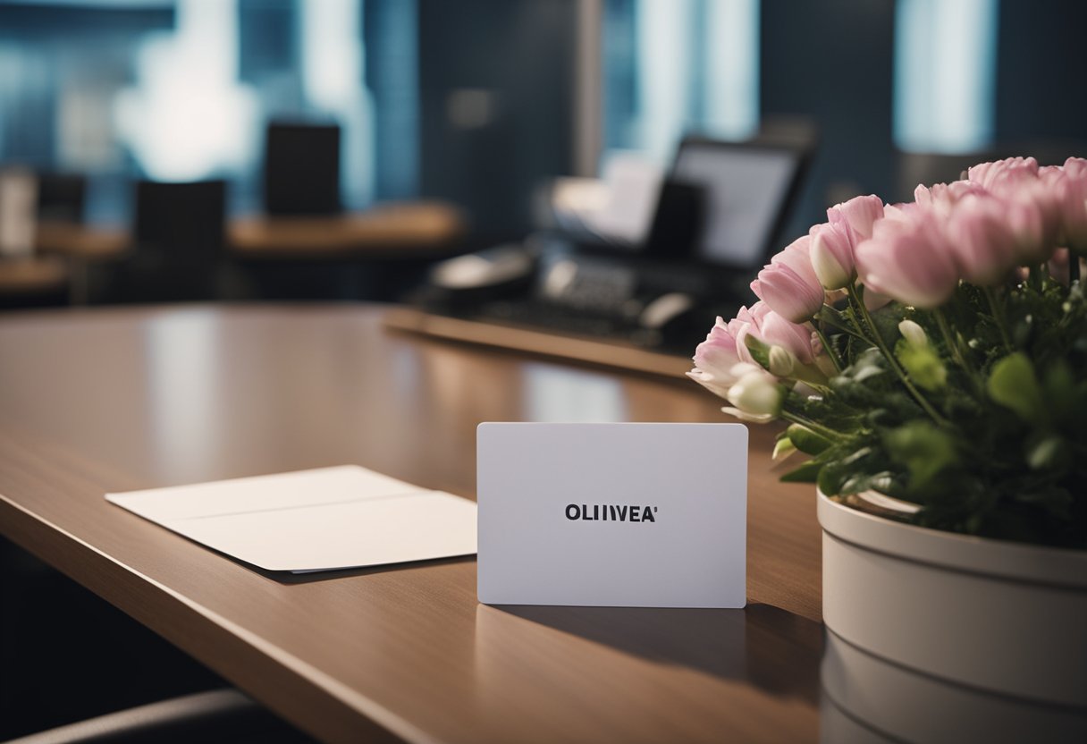 A news anchor's empty desk with a "Goodbye Olivia" card and flowers, as colleagues gather in somber discussion