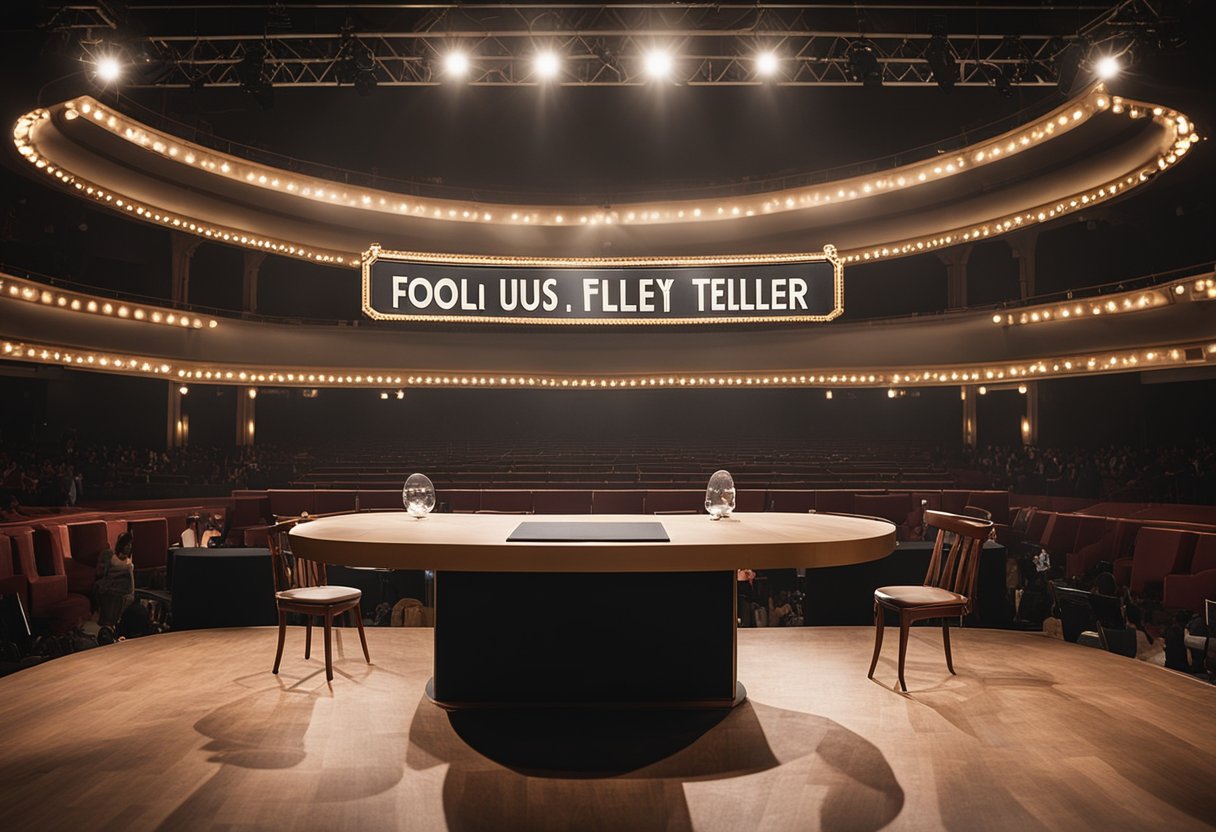 A stage with a spotlight on a magician's table, surrounded by an audience. A sign reads "Fool Us." Alyson Hannigan's empty chair sits next to Penn and Teller