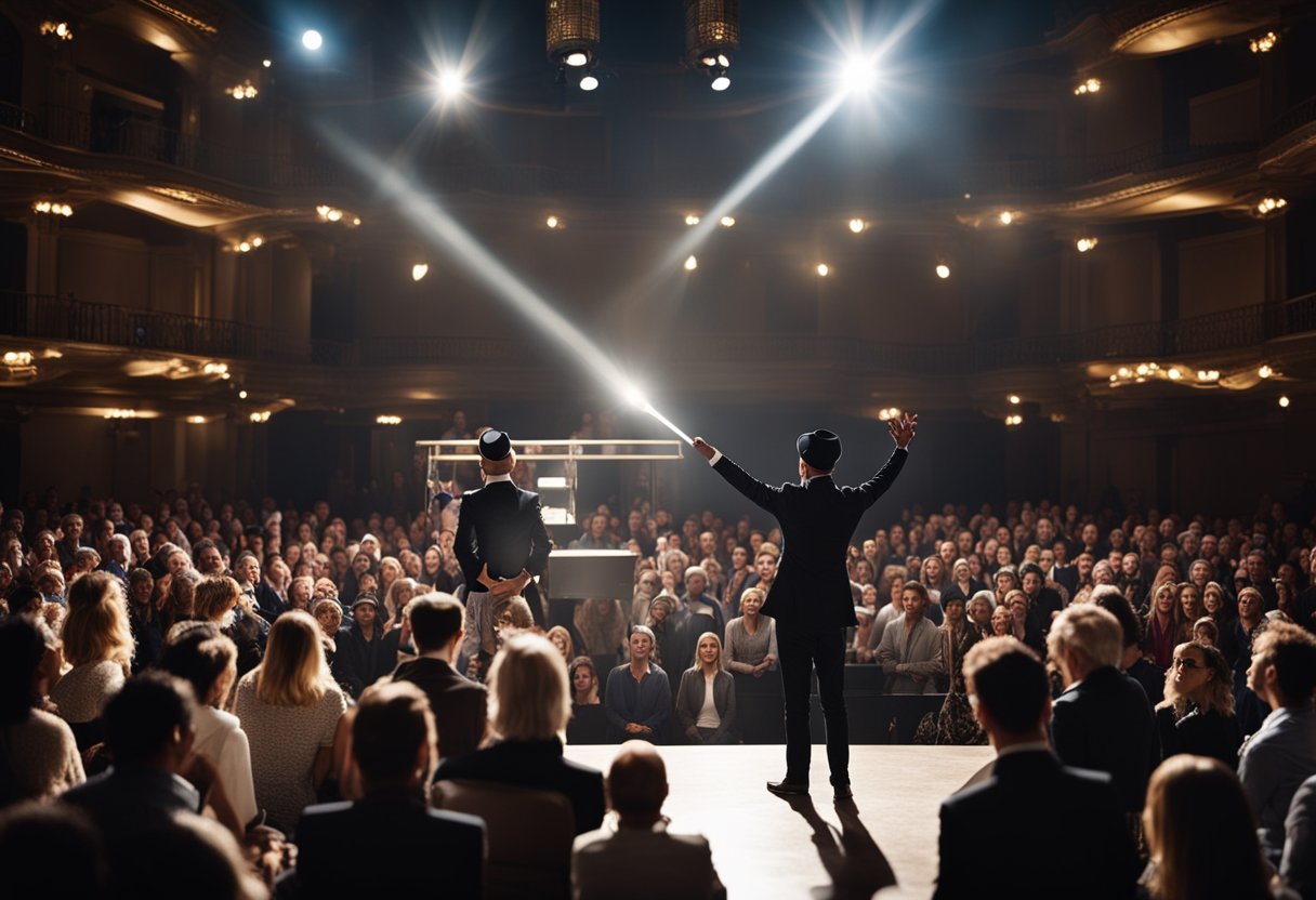 A stage with a spotlight on a magician performing a trick, while a puzzled audience watches in anticipation