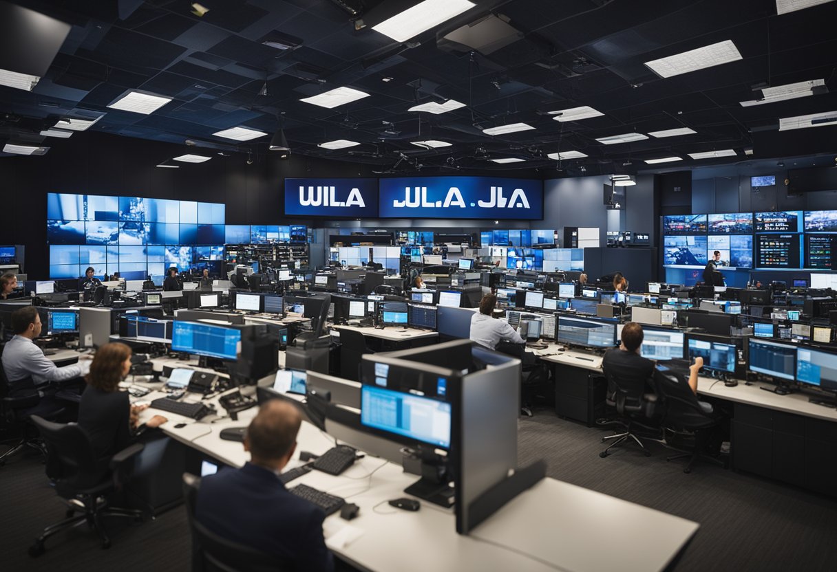 A crowded newsroom with a TV anchor's desk, camera crew, and bustling staff. A large "WJLA" logo prominently displayed