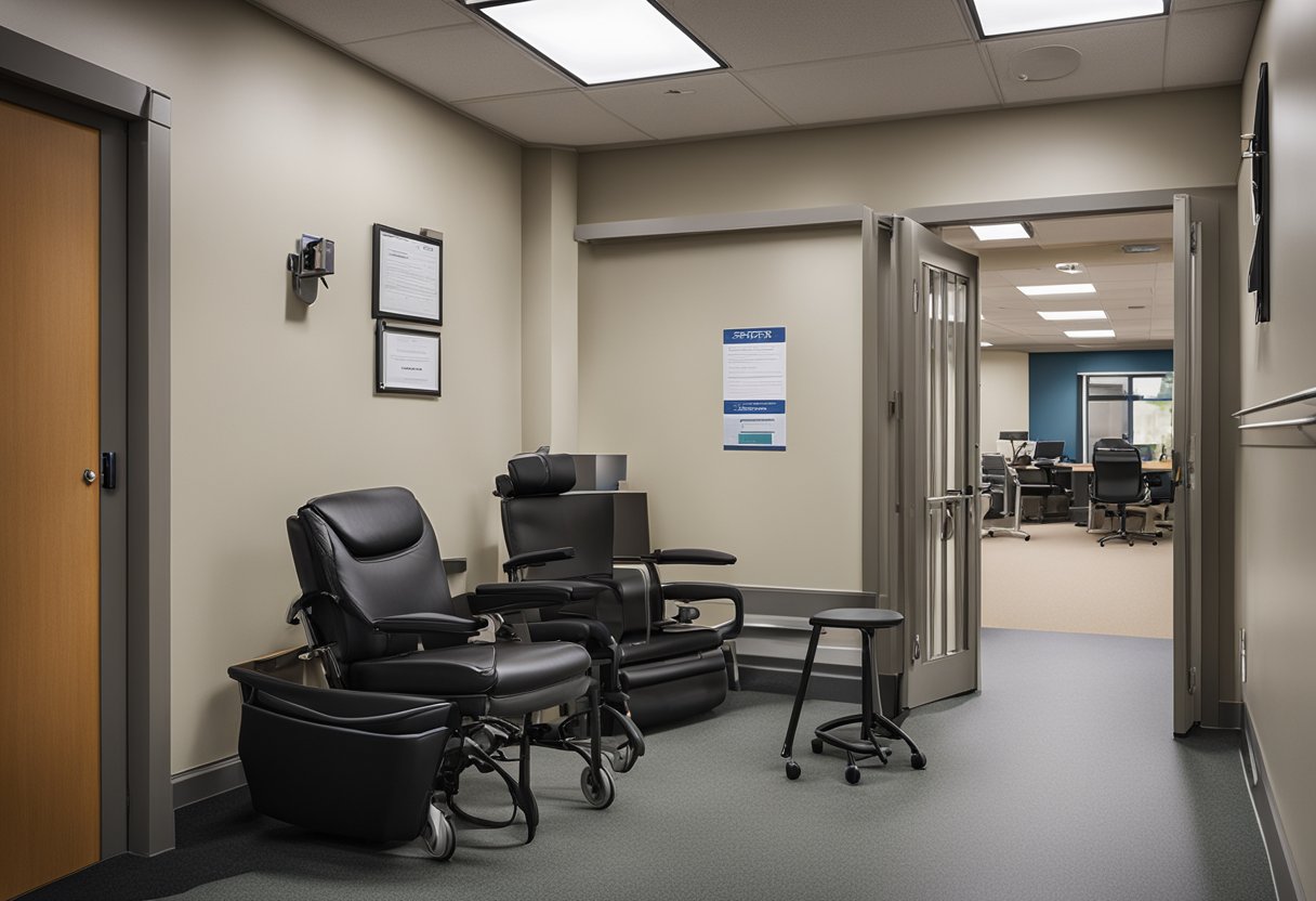 Rehabilitation and recovery center with equipment and therapy rooms. Scott's office is empty with a "On Sabbatical Leave" sign on the door