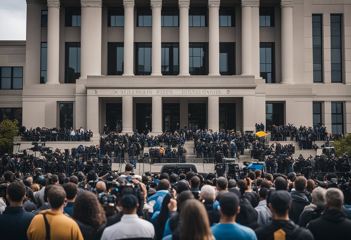 Media cameras surround a government building as crowds gather, displaying shock and confusion over Addy Perez's departure from Richland County