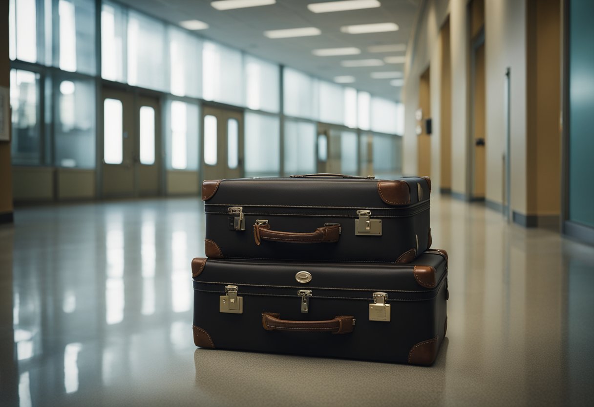 Sasha's packed suitcase sits by the hospital entrance. A resignation letter is placed on the administrator's desk. The empty room reflects her departure