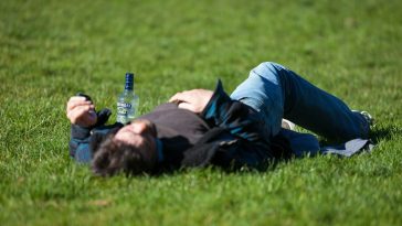 a man laying in the grass with a bottle of beer